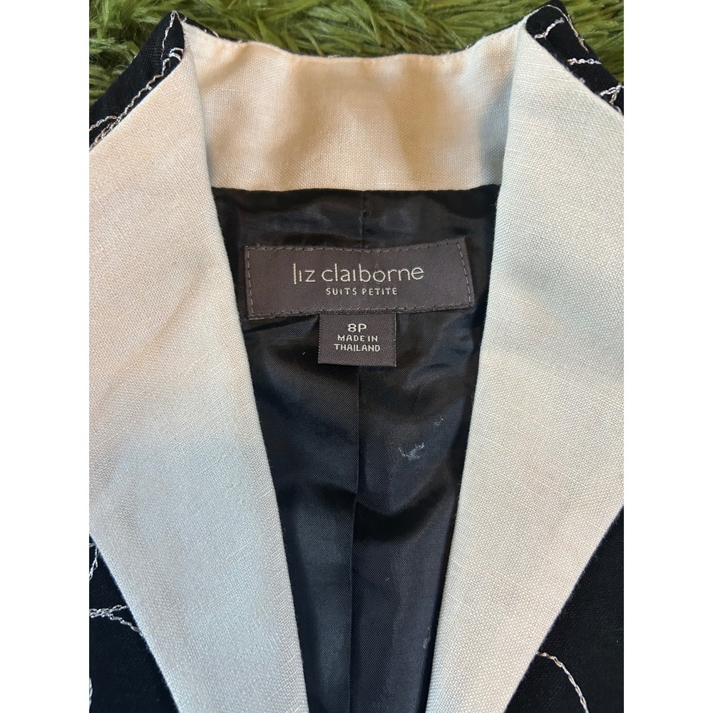 Liz Claiborne‎ Blazer Women 8P Black  Suit Jacket Pad Petite Floral Linen Blend - Picture 2 of 11